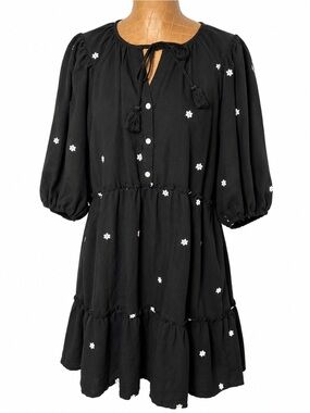 My Danielle Black Embroidered Tiered Boho Mini Dress Tassel Tie Size Large